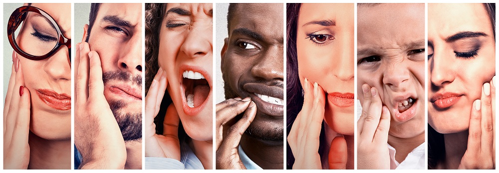 A group of people holding their hands up to their jaws because they have TMJ pain